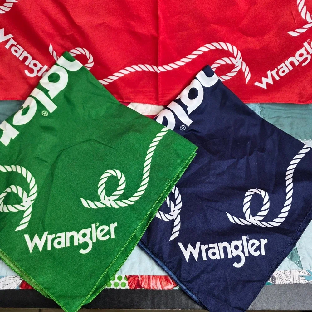 Wrangler Bandana Set Red Green Navy Blue Rope Logo Western Accessories 3 Pack